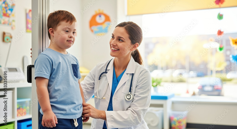 Obraz premium Young boy with down syndrome visiting pediatric doctor in colorful medical office. Child patient receiving healthcare examination from female physician. Medical care concept
