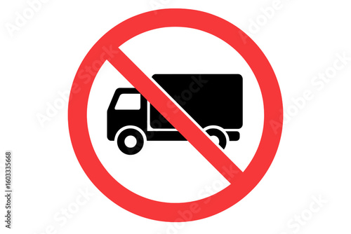 No trucks allowed sign vector icon. Lorry prohibition symbol. Traffic restriction road sign for heavy goods vehicles. Forbidden transport pictogram. Warning information graphic.