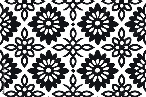 Black and white floral seamless pattern. Geometric decorative lattice design. Traditional ornamental vector background. Abstract flower texture for textile, wallpaper, fabric print.