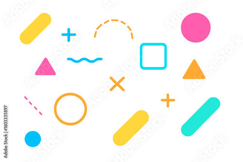 Abstract trendy background with colorful geometric shapes. Vector illustration pattern in Memphis style for modern design. Fun retro 80s 90s graphic elements collection.