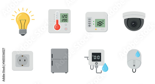 Home appliance icons set featuring smart devices and gadgets in flat design