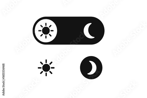 Day and Night Toggle Switch Vector Icons. Dark and Light Mode Sun Moon Button. Black White UI/UX Website App Switcher. Minimalist Transparent PNG Icon Set for Modern Interface Design