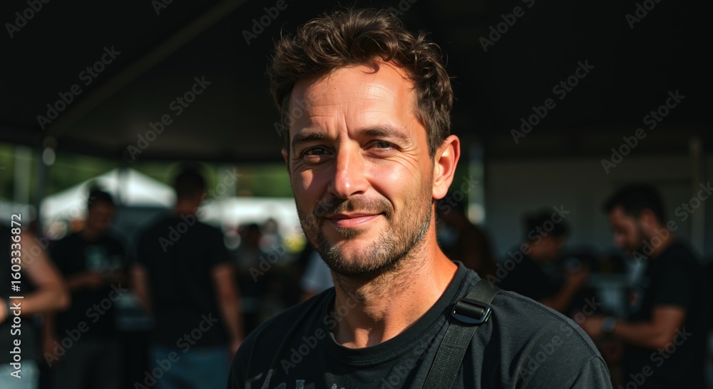 Bearded man smiling confidently in casual black shirt against blurred background with natural lighting. Mature male with positive expression showing happiness. Professional portrait concept Bearded man smiling confidently in casual black shirt against blurred background with natural lighting. Mature male with positive expression showing happiness. Professional portrait concept