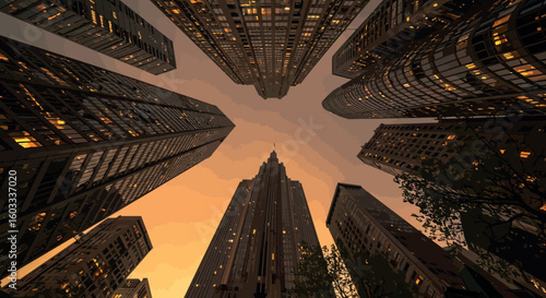 Dramatic skyscraper silhouettes against a sunset sky