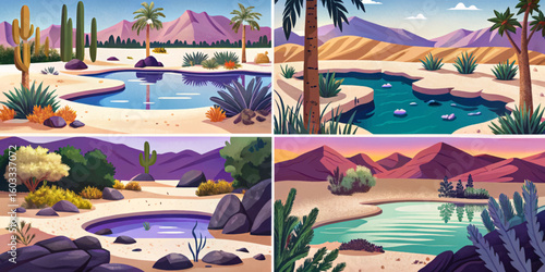 Desert oasis lake set with sand and stones, sandy landscape