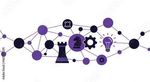 Chess strategy icons with network connections in flat design