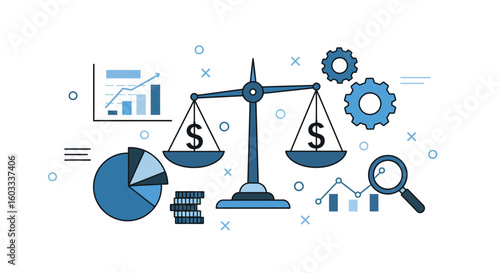 Economics and financial growth flat design with balance scales and chart elements