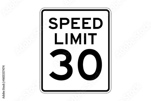 Speed limit 30 mph road sign vector illustration. Traffic regulation and safety symbol for street and highway. Driving law icon. Maximum speed transportation concept.