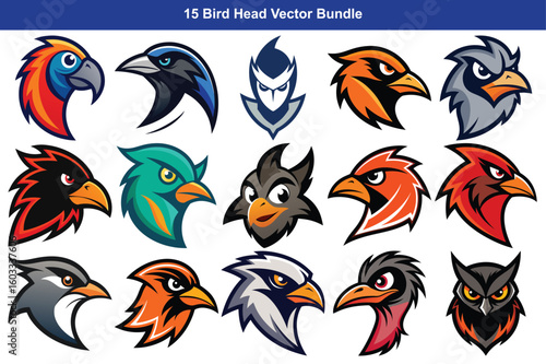 Collection of fierce bird heads and avian mascots