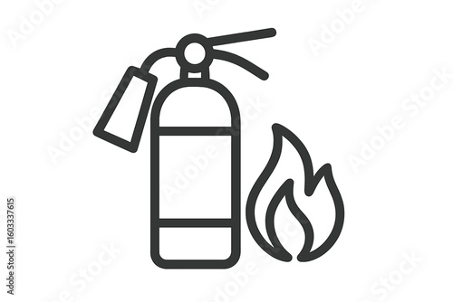 Fire Extinguisher Line Icon with Flame. Safety Equipment Symbol. Emergency Firefighting Illustration. Fire Safety, Protection, Extinguishing Device Vector. Prevention, Rescue, Warning, Secure, Alert.