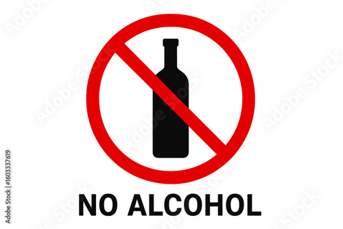 No Alcohol Sign, Prohibition Symbol with Bottle, Red Circle and Diagonal Line, Vector Icon, Alcohol-Free Zone Warning, Drink Ban, Bar or Restaurant Safety Notice, Isolated Illustration