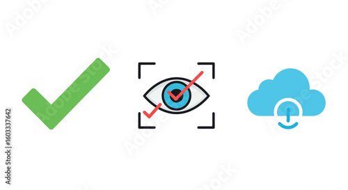 Checkbox, visual verification, and cloud backup icons in flat style