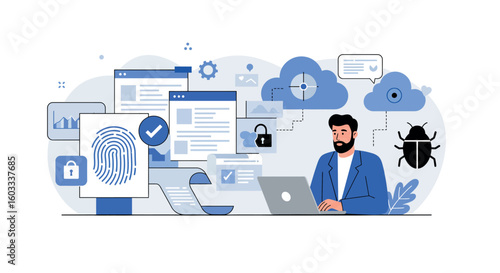 Businessman working on cybersecurity with digital tools and data protection icons