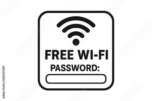 Free Wi-Fi Sign Vector—Printable Sticker with Blank Password Space for Café, Restaurant, Coffee Shop, Business—Modern Black Line Wireless Internet Icon—Transparent Background PNG