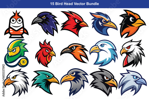 Collection of diverse bird head illustrations for sports and mascot designs