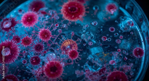 Microscopic view of viruses and cells in a petri dish under blue lighting with water droplets around it