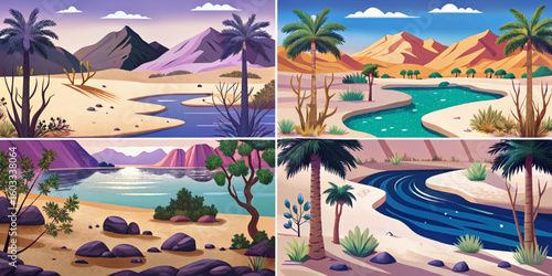 Desert oasis lake set with sand and stones, sandy landscape