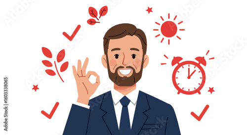 Smiling businessman with ok gesture surrounded by red icons and symbols