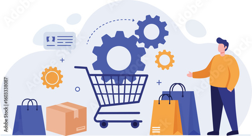 Flat design online shopping concept with gear mechanism and cart