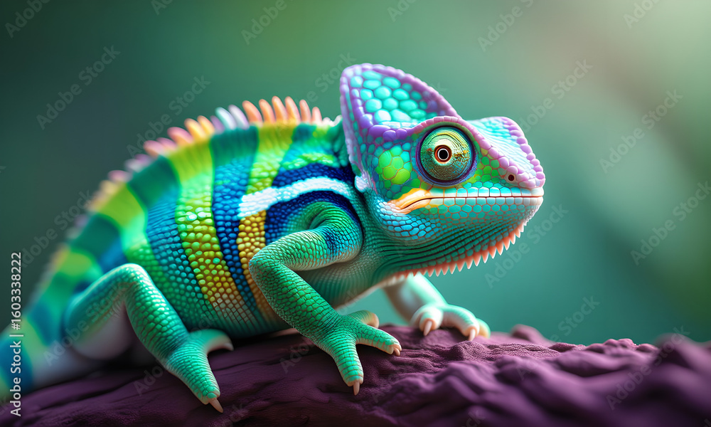 Fototapeta premium Vibrant Chameleon Portrait: Colorful Reptile Resting on Branch, Close-Up View