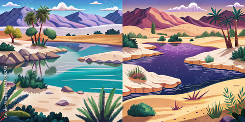 Desert oasis lake set with sand and stones, sandy landscape