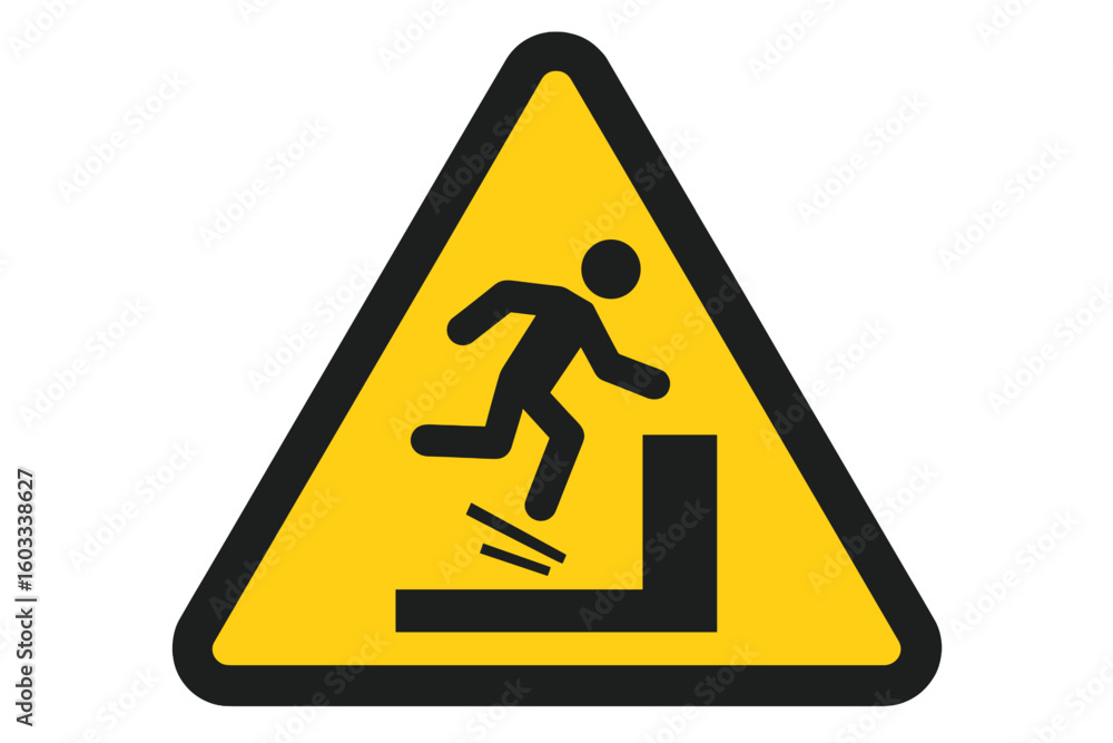 Fall hazard warning sign. Caution, risk of falling from heights or edge. Danger of sudden drop. Safety pictogram for workplace and public areas. Man stumbling icon vector. Fall hazard warning sign. Caution, risk of falling from heights or edge. Danger of sudden drop. Safety pictogram for workplace and public areas. Man stumbling icon vector.