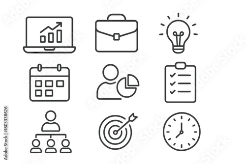 Business and office line icon set. Simple outline icons for web and mobile. Management, strategy, marketing, data analysis, planning, teamwork, success and growth concept.