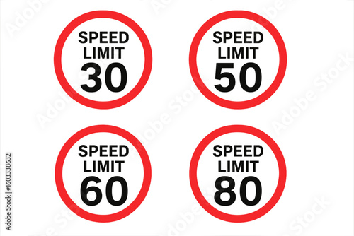 Speed limit signs set collection. Traffic road regulatory signage 30 50 60 80 mph kmh. Vector circular red white warning symbols. Transportation safety rules indicators