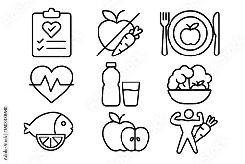 Nutrition and diet outline icon set. Healthy food and lifestyle concept. Vector icons for meal plan, fitness, heart health, wellness, vitamins, gym, workout, body care.