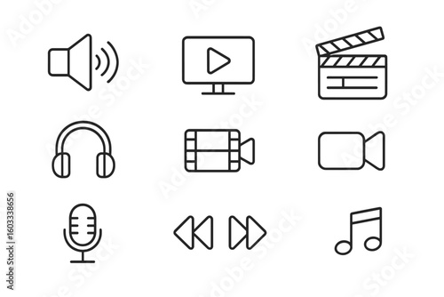 Audio video icon set. Multimedia line icons for web and mobile. Sound, music, movie, film, player, record, camera, microphone and clapperboard symbols. Simple outline vector.