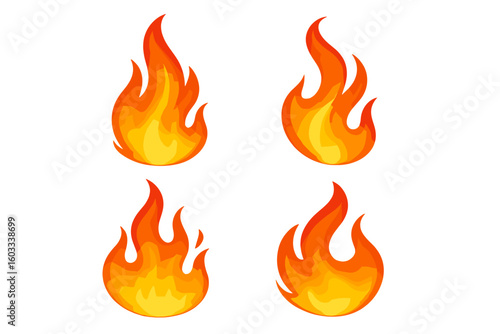 Fire flame vector icon set. Hot burning bonfire symbol collection. Cartoon campfire logo illustration. Simple flat design element for danger, energy, heat concepts isolated.