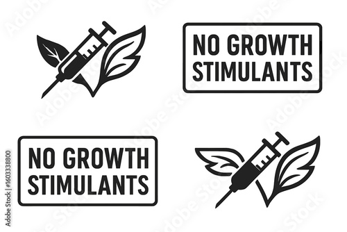 No growth stimulants label. Hormone and antibiotic free food packaging icon. Natural organic product symbol with syringe and leaves. GMO free vector stamp illustration set.