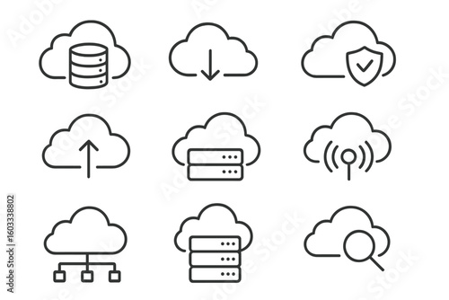 Cloud computing storage icons set. Outline vector symbols of cloud database, secure backup, upload, download, wireless network, distributed server, data search. Technology web concept illustration