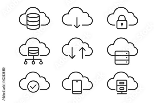 Cloud computing service vector line icons. Data storage technology, database, server, network, security, protection, download, upload, sync, mobile access symbol set.