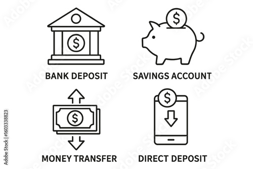 Banking and finance line icon set. Bank deposit, savings account, money transfer, direct deposit symbols. Vector illustration for web, business design, and mobile banking.