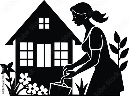 Woman Gardening At Home Silhouette | Urban Farming Activity Illustration