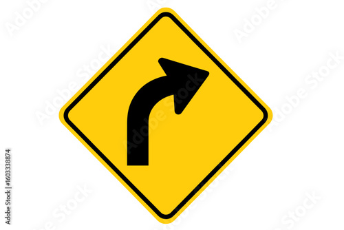 Road sign turn right. Curve warning traffic symbol. Dangerous bend icon. Yellow diamond sign. Arrow direction. Street safety pictogram. Highway caution. Vector illustration.