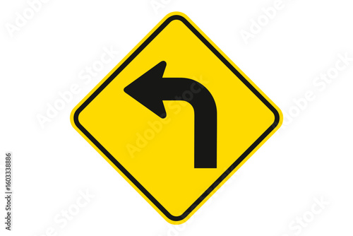 Turn left warning road sign. Sharp curve ahead traffic signal with arrow. Yellow diamond caution symbol for dangerous bend. Driving safety & transportation vector icon.