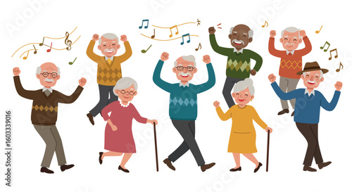 Joyful seniors dancing with music notes in flat cartoon style