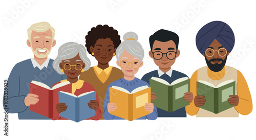 Diverse group of seniors enjoying books together in flat style