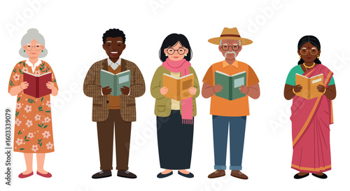 Diverse group of elderly people reading books in flat design