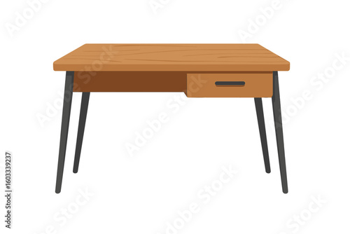 Modern home office table with drawer. Wooden desk furniture for interior workspace. Vector illustration isolated on white background. Clean, simple, minimalist design element.