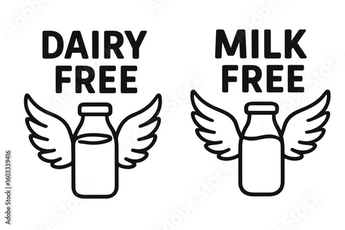 Dairy free and milk free icon set. Label for healthy diet food packaging. Lactose intolerance symbol. Vegan product sign with milk bottle and wings. Vector allergen badge.