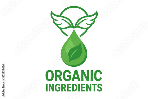 Organic ingredients logo with leaf and drop. Natural product label design. Eco friendly vegan stamp. Bio symbol for healthy food and cosmetic packaging. Green icon with wings.