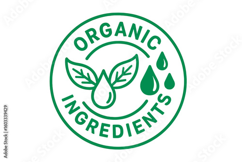 Organic ingredients green stamp. Natural product vector label. Eco friendly bio food packaging icon. Certified vegan cosmetic symbol with leaf and drop. Healthy quality seal.