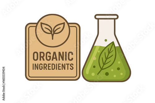Organic ingredients vector icon for packaging. Natural cosmetic and food production concept. Lab flask with leaf. Bio technology, science, and chemistry research symbol.
