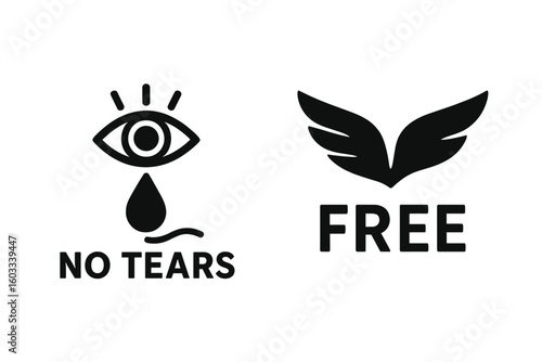No tears and free from icon set. Gentle formula for baby care. Hypoallergenic, cruelty free, paraben free product package label. Vector symbol for organic cosmetics.