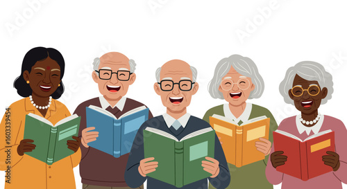 Joyful seniors reading books together in a diverse group