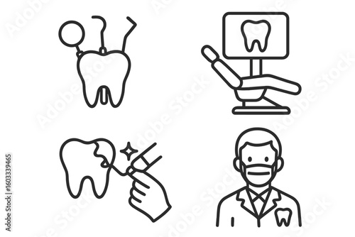 Dentistry and orthodontics linear icon set. Tooth care, dental treatment, and restoration. Dentist, clinic chair, and oral hygiene tools vector outline pictograms.