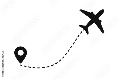 Airplane flight path with location pin. Air travel route to a destination point. Aircraft icon flying along a dotted line. Journey, trip, and tourism concept vector icon.